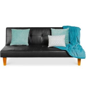 Convertible Lounge Sofa Bed w/ Adjustable Back, Wood Frame, Faux Leather, Tufted Design - Black