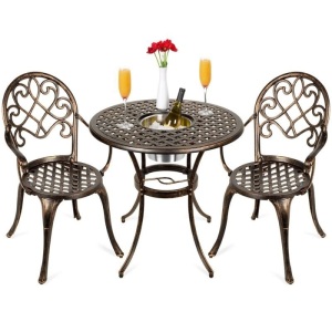 Cast Aluminum Patio Bistro Set w/ Ice Bucket, Chairs, Copper Finish. Appears New
