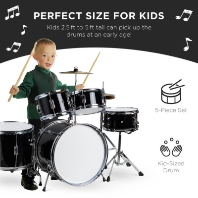 Kids Beginner All Wood Acoustic Drum Kit Starter Set w/ Stool, Drumsticks 