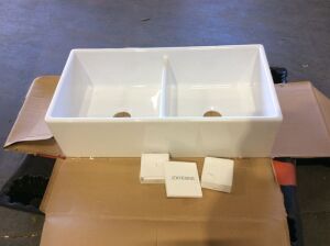 SINKOLOGY Farmhouse Apron Front 36-in x 18-in Crisp White Double Equal Bowl Kitchen Sink - See Pics