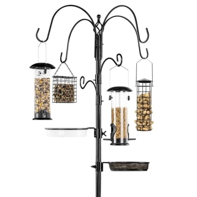 Bird Feeding Station, 6-Hook Steel Multi-Feeder Stand w/ 4 Feeders, 89in 