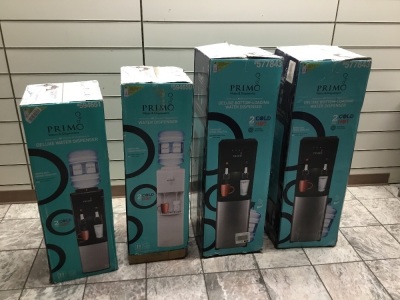 Lot of (4) Deluxe Water Dispensers. Hot & Cold Dispensing Features on Each. (2) Deluxe Bottom-Loading Water Dispeners. E-Commerce. Appear in Good Condition. 