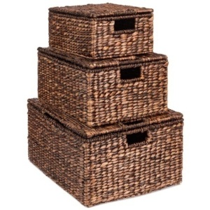 Set of 3 Large Hyacinth Storage Baskets w/ Handles, Lid - 21", 20", 18" 