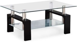 Modern Rectangle Glass Coffee Table with Lower Shelf, Black Wooden Legs