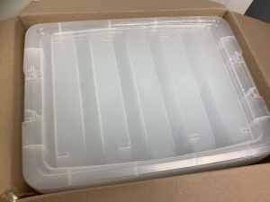 Box of 6 Plastic Storage Totes, New w/ Damaged Lids