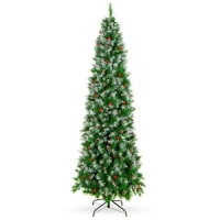 Partially Flocked Spruce Pencil Christmas Tree w/ Berries, Pine Cones - 6ft