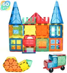 VegCow 60pcs Magnetic Tiles Set - 3D Magnet Building Blocks, Educational Construction Toys for Kids - Super Durable with Strong Magnets and Superior Color - Appears New