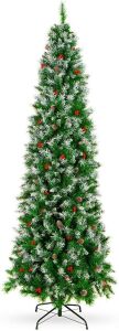 7.5ft Pre-Decorated Pine Hinged Artificial Slim Christmas Pencil Tree w/ 1,075 Flocked Frosted Tips, 46 Pine Cones, 50 Berries, Metal Base