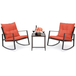 3-Piece Patio Wicker Bistro Furniture Set w/ 2 Rocking Chairs, Glass Side Table, Cushions