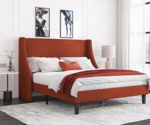 Modern Upholstered Bed with Deluxe Wingback, Queen 