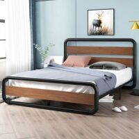 Metal Bed Frame with Wooden Headboard & Footboard, Noise Free, No Box Spring Needed, Queen&nbsp;