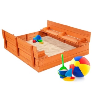 Kids Cedar Sandbox w/ Sand Screen, 2 Benches - 47x47in - Possible Missing Hardware  