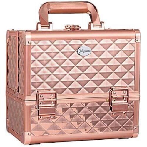 Joligrace Makeup Train Case Cosmetic Box, 10 Inches, Jewelry Organizer, 3 Tiers, Trays with Mirror and Brush Holder, Lockable,&nbsp;Rose Gold - NEW