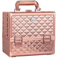 Joligrace Makeup Train Case Cosmetic Box, 10 Inches, Jewelry Organizer, 3 Tiers, Trays with Mirror and Brush Holder, Lockable,&nbsp;Rose Gold - NEW