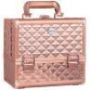 Joligrace Makeup Train Case Cosmetic Box, 10 Inches, Jewelry Organizer, 3 Tiers, Trays with Mirror and Brush Holder, Lockable,&nbsp;Rose Gold - NEW