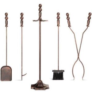 5-Piece Rustic Iron Fireplace Tool Set w/ Tongs, Poker, Broom, Shovel, Stand