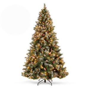 9' Pre-Lit Christmas Pine Tree w/ Pine Cones, Flocked Branch Tips, Berries