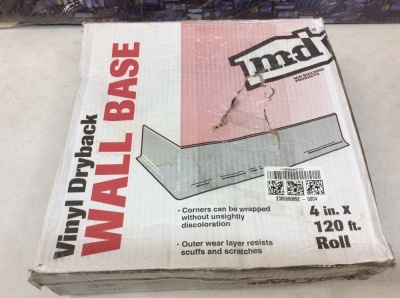 Vinyl Dryback Wall Base. 4" x 120' Roll, White 
