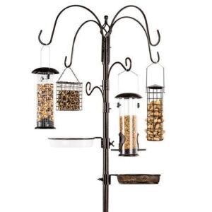 Bird Feeding Station, 6-Hook Steel Multi-Feeder Stand w/ 4 Feeders, 89in