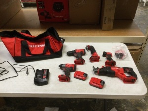 Craftsman 20V 5-Tool Set. Working Condition. Includes: Drill, Impact, Light, Reciprocating Saw, Multi-Tool, (2) Batteries, Charger, and Bag