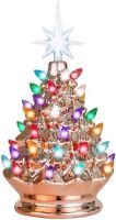 9.5in Pre-Lit Hand-Painted Ceramic Tabletop Christmas Tree Holiday Decor w/Multicolored Lights, 3 Star Toppers - Rose Gold