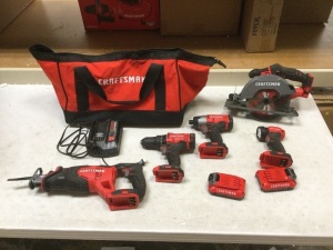 Craftsman 20V 5-Tool Set. Working Condition. Includes: Circular Saw, Drill, Impact, Light, Reciprocating Saw, (2) Batteries, Charger, and Bag