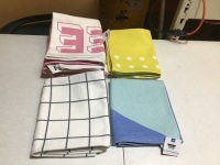 Novelty Dish Towels. (4) Hello, See Ya!, (2) Yellow Polka Dot, (2) White and Gray Striped, & (1) Blue & Aqua. Appears New&nbsp;