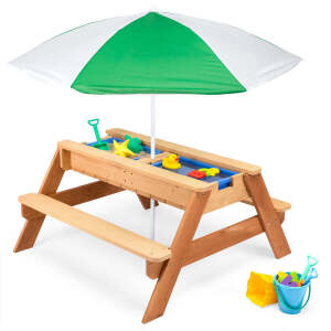 3-in-1 Kids Sand & Water Table Outdoor Wood Picnic Table w/ Umbrella