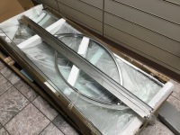 American Standard&nbsp;Axis 72-in H x 23-in to 45.3125-in W Framed Curved Chrome Shower Door (Clear Glass). Unknown Condition. Store Return