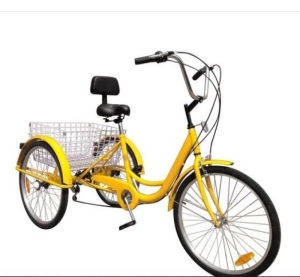 24'' Adult 3-Wheel Tricycle With Basket, Yellow. Appears New