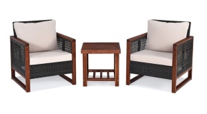 Costway 3-Pieces Wood Patio Conversation Set with Beige Cushions 