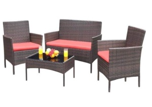 4-Pieces Wicker Outdoor Patio Furniture Set with Red Cushion