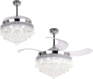 Crystal Chandelier Ceiling Fan with Retractable Blades, 4000K Cool White Lights, 46 Inch, Chrome