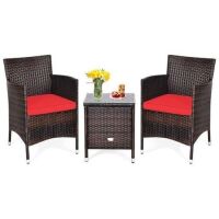 Costway Outdoor 3 PCS PE Rattan Wicker Furniture Set, Garden Red