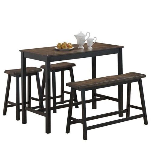 Costway 4 Pcs Solid Wood Counter Height Table Set w/ Height Bench & Two Saddle Stools