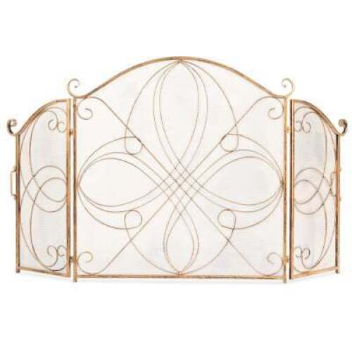 3-Panel Wrought Iron Metal Fireplace Screen Cover w/ Scroll Design - 55x33in