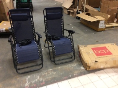 Set of 2 Adjustable Zero Gravity Patio Chair Recliners w/ Cup Holders. Appears New With Damage. See Pictures 