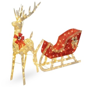 Lighted Christmas Reindeer & Sleigh Outdoor Decor Set w/ LED Lights 