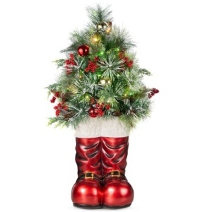 Santa Boots w/ Pre-Decorated Christmas Greenery, Lights - 40in 