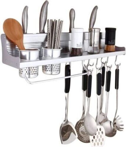 Aluminum Wall Mounted Kitchen Organizer Rack Includes 2 Cups, Spice Rack, and Spoon Hangers - Appears New