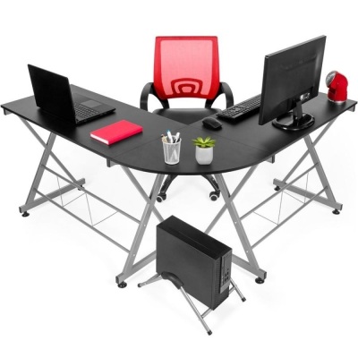 Sectional L-Shaped Workstation w/ Wooden Tabletop, Metal Frame, Pull-Out Keyboard Tray, PC Tower Stand 