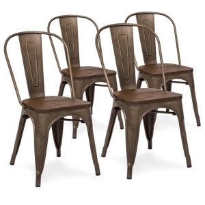 Set Of 4 Industrial Distressed Metal Bistro Dining Side Chairs w/ Wooden Seat 