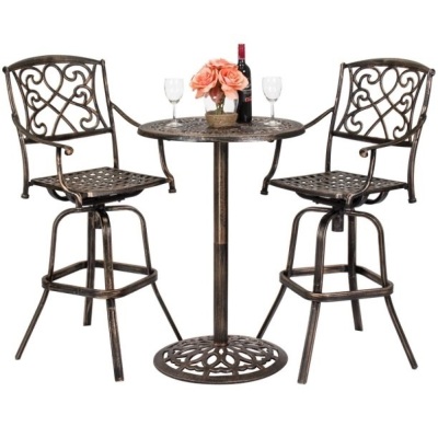 3-Piece Outdoor Cast Aluminum Bar Height Patio Bistro Set w/ 2 360-Swivel Chairs - Antique Copper 