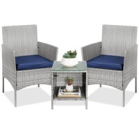 3-Piece Outdoor Patio Wicker Bistro Set w/ Side Storage Table&nbsp;
