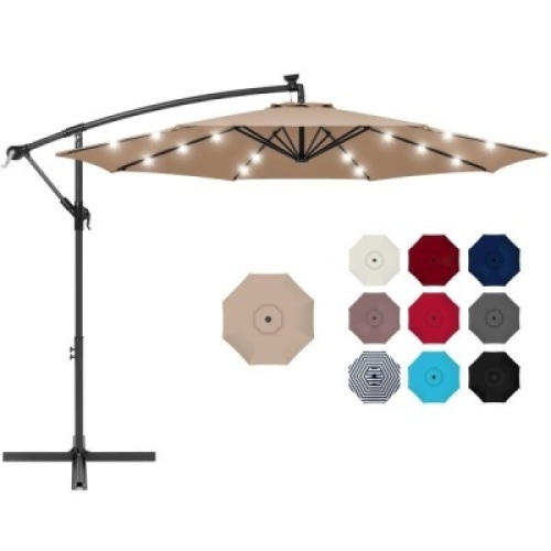 10ft Solar LED Offset Hanging Patio Umbrella w/ Crank Tilt Adjustment. Appears New&nbsp;