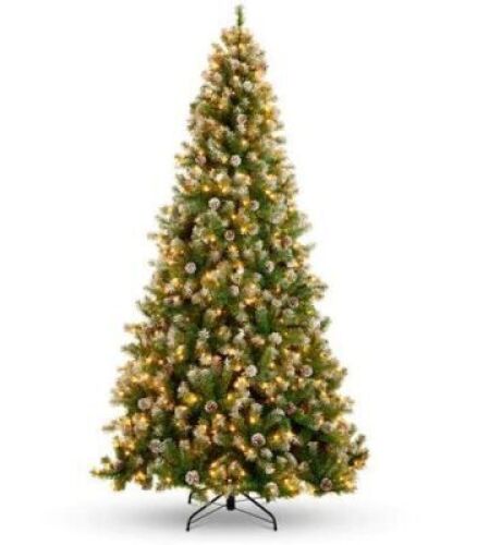 7.5' Pre-Lit Pre-Decorated Christmas Tree w/ Flocked Tips, Pine Cones