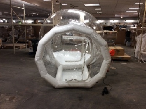 Inflatable Dome with Blower and Pump. Approx, 8-1/2 ft. tall x 8 ft. wide x 13 ft. long. Zipper on Air Lock door is Jammed. E-Commerce Return