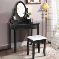 Black Vanity Wooden Makeup Dressing Table Stool Set Bathroom Mirror+3 Drawer