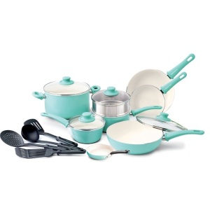 GreenLife Soft Grip 16pc Ceramic Non-Stick Cookware Set, Turquoise. Appears New