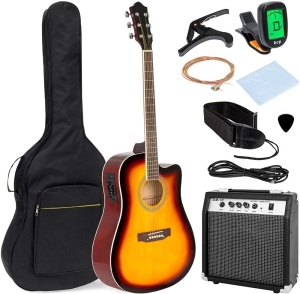 Best Choice Products Beginner Acoustic Electric Guitar Starter Set w/ 41in, All Wood Cutaway Design, Case, Strap, Picks, Tuner - Sunburst. Appears New w/ Minor Cosmetic Blemish